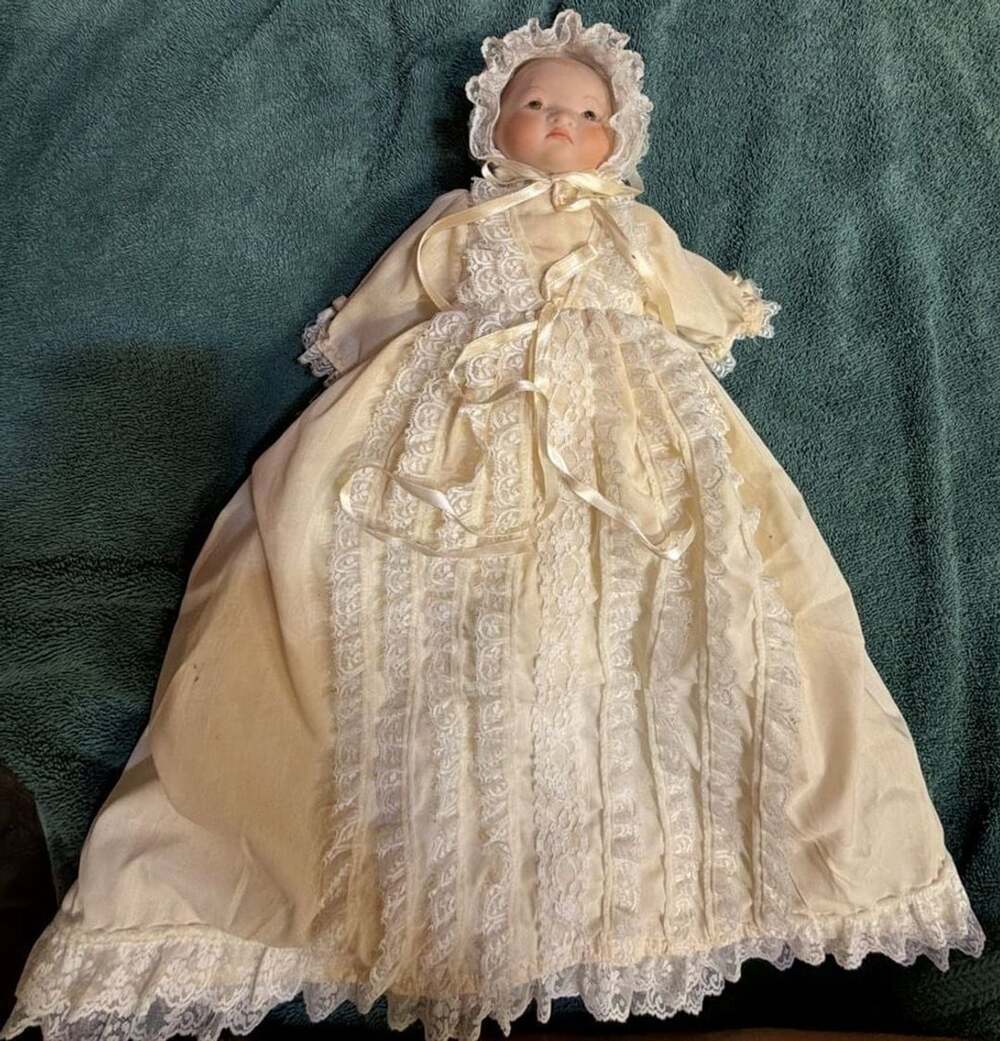 Vintage Porcelain Baby Doll in Lace Christening Gown and Bonnet